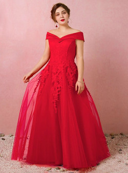Plus Size Red Tulle Off The Shoulder Prom Dress