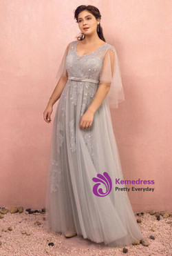 Plus Size Gray Tulle Waist V-Neck Prom Dress