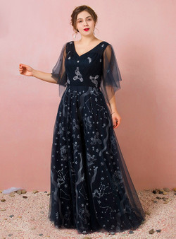 Plus Size Blue Tulle Deep V-neck Print Prom Dress