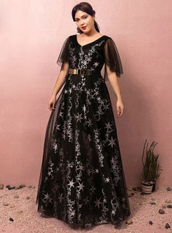 Plus Size Black Tulle Print Star V-neck Prom Dress