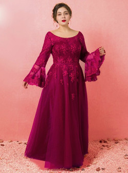 Plus Size Burgundy Long Sleeve Tulle Backless Prom Dress