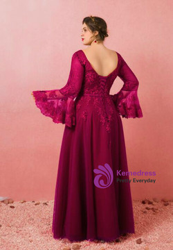 Plus Size Burgundy Long Sleeve Tulle Backless Prom Dress