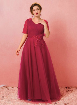 Plus Size Burgundy Short Sleeve V-neck Prom Dress