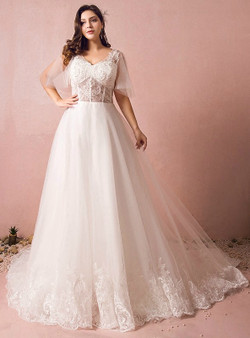 Plus Size White Tulle V-neck Backless Wedding Dress