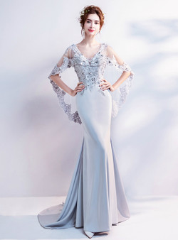 In Stock:Ship in 48 hours Mermaid Gray V-neck Satin Prom Dress