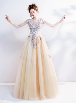 In Stock:Ship in 48 hours Yellow Appliques Tulle Wedding Dress