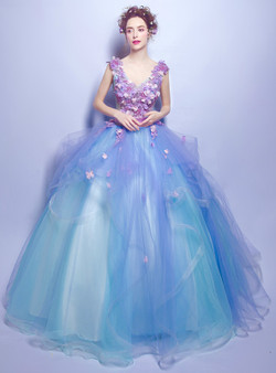 In Stock:Ship in 48 hours Blue V-neck Tulle Appliques Wedding Dress