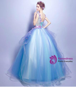 In Stock:Ship in 48 hours Blue V-neck Tulle Appliques Wedding Dress