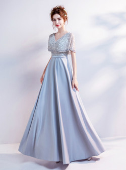 In Stock:Ship in 48 hours Gray Satin Beading Prom Dress