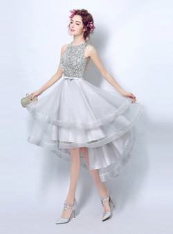 In Stock:Ship in 48 hours Hi Lo Gray Tulle Beading Sequins Prom Dress
