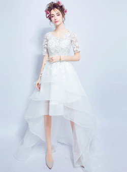 In Stock:Ship in 48 hours Hi Lo Short Sleeve Tulle Wedding Dress