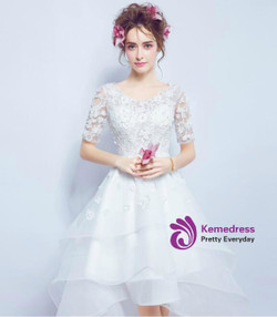 In Stock:Ship in 48 hours Hi Lo Short Sleeve Tulle Wedding Dress
