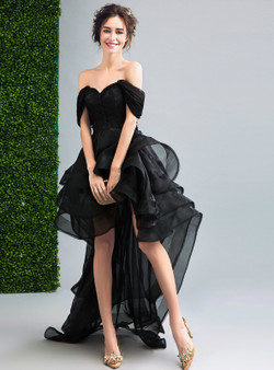 In Stock:Ship in 48 hours Off The Shoulder Black Prom Dress