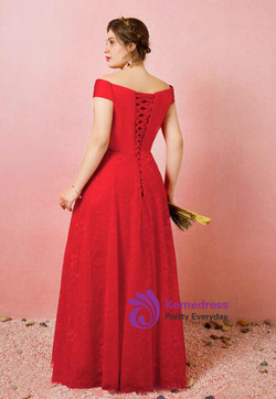 Plus Size Red Off The Shoulder Tulle Lace Prom Dress