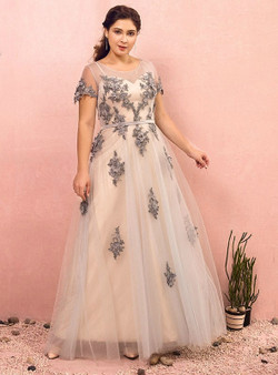 Plus Size Gray Tulle Appliques Cap Sleeve Prom Dress