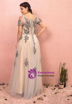 Plus Size Gray Tulle Appliques Cap Sleeve Prom Dress