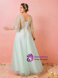 Plus Size Green Embroidery Tulle Backless Prom Dress