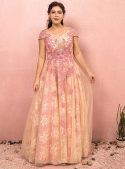 Plus Size Pink Lace Appliques Backless Prom Dress