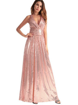 In Stock:Ship in 48 hours Pink Halter Sequins Prom Dress