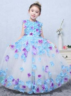 In Stock:Ship in 48 hours Blue Sleeveless Tulle Flower Girl Dress