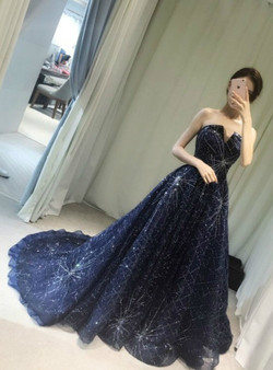 In Stock:Ship in 48 hours Blue Tulle Bling Bling Strapless Prom Dress