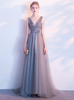 In Stock:Ship in 48 hours Gray Tulle V-neck Sequins Prom Dress