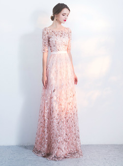 In Stock:Ship in 48 hours Pink Short Sleeve Sequins Prom Dress