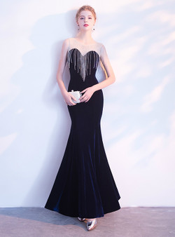 In Stock:Ship in 48 hours Mermaid Blue Velvet Beading Prom Dress
