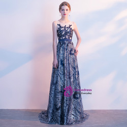 In Stock:Ship in 48 hours A-Line Blue Sequins Prom Dress