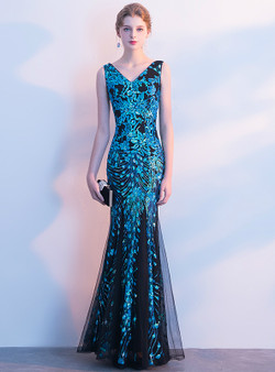 In Stock:Ship in 48 hours Mermaid Tulle Sequins V-neck Prom Dress