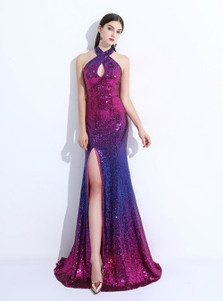 In Stock:Ship in 48 hours Purple Halter Sequins Prom Dress