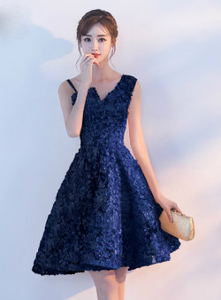 In Stock:Ship in 48 hours Blue Lace Homecoming Dress