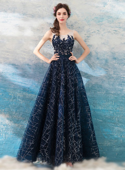 In Stock:Ship in 48 hours Blue Tulle Sequins Prom Dress