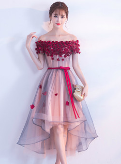 In Stock:Ship in 48 hours Pink Off The Shoulder Tulle Hi Lo Dress