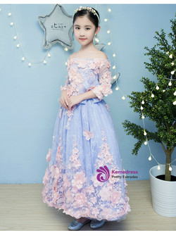 In Stock:Ship in 48 hours Blue Tulle Appliques Flower Girl Dress