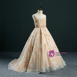 Ball Gown Strapless Gold Tulle Beading Flower Girl Dress