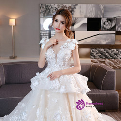In Stock:Ship in 48 hours Ball Gown Backless Appliques Wedding Dress