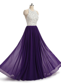 In Stock:Ship in 48 hours Halter Purple Beading Chiffon Prom Dress