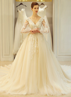 In Stock:Ship in 48 hours Ball Gown Backless Long Sleeve Wedding Dress