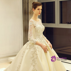 Ball Gown Beige Long Sleeve Satin Backless Appliques Wedding Dress