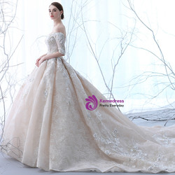 Champagne Tulle Off The Shoulder Appliques Short Sleeve Wedding Dress