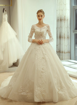 White Ball Gown Long Sleeve Backless Tulle Wedding Dress