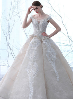 Ball Gown Champagne Tulle Appliques Off The Shoulder Wedding Dress