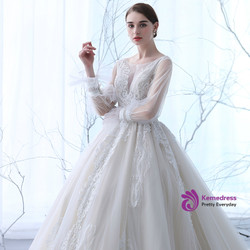 In Stock:Ship in 48 hours Luxury Long Sleeve Backless Tulle Wedding Dress