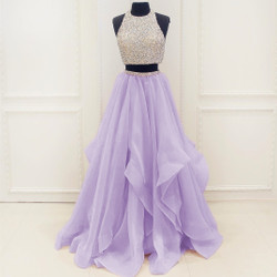 Organza Ruffles Two Piece Beading Sequins Prom Dress