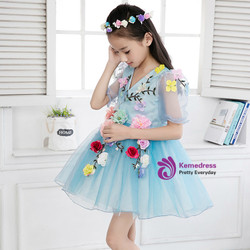In Stock:Ship in 48 hours Blue Tulle Flower V-neck Flower Girl Dress