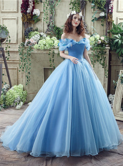 In Stock:Ship in 48 hours Blue Tulle Off The Shoulder Cinderella Wedding Dress