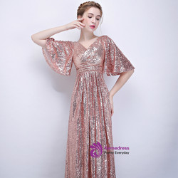 In Stock:Ship in 48 hours Pink Sequins V-neck Prom Dress
