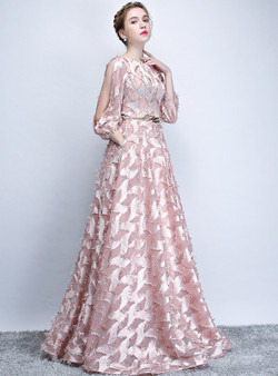 In Stock:Ship in 48 hours Pink Long Sleeve Lace With Sash Prom Dress