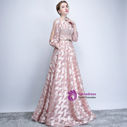In Stock:Ship in 48 hours Pink Long Sleeve Lace With Sash Prom Dress